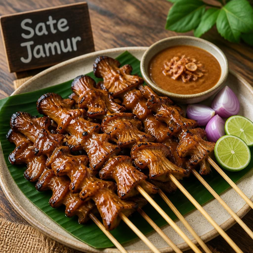 Sate Jamur Te Sate dengan tekstur jamur lembut dan bumbu gurih